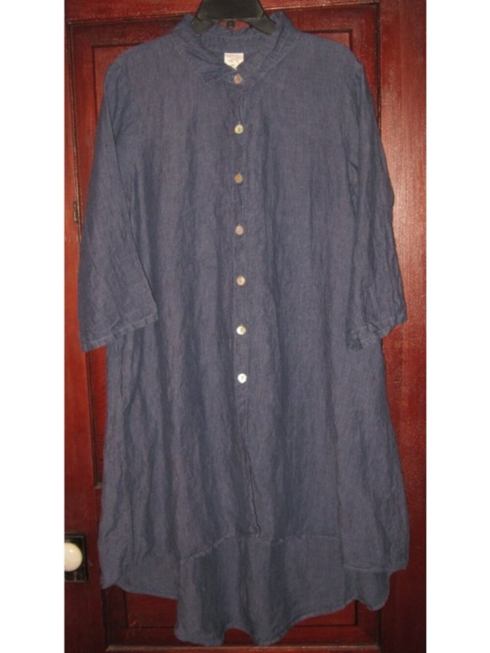 Match Point USA Sz L 100% Linen Blue Chambray Shirt Dress Tunic Lagenlook Flared